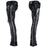 Wornstar Clothing mens custom pants. Handmade custom denim and leather rock pants. Rocker style black stretch denim custom made stage pants.