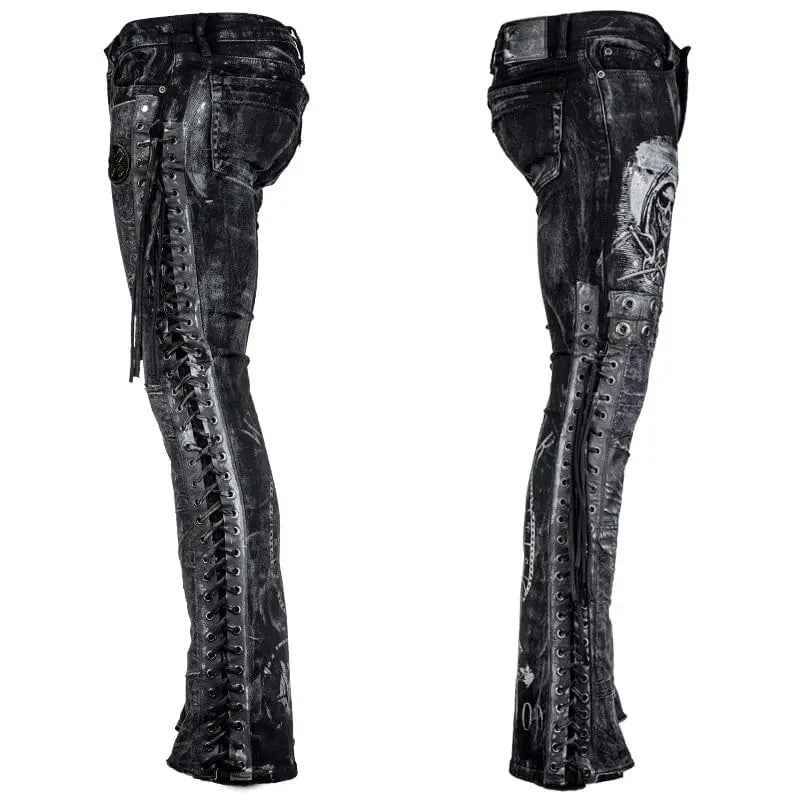 Wornstar Clothing mens custom pants. Handmade custom denim and leather rock pants. Rocker style black stretch denim custom made stage pants.