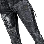 Wornstar Clothing mens custom pants. Handmade custom denim and leather rock pants. Rocker style black stretch denim custom made stage pants.