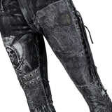 Wornstar Clothing mens custom pants. Handmade custom denim and leather rock pants. Rocker style black stretch denim custom made stage pants.
