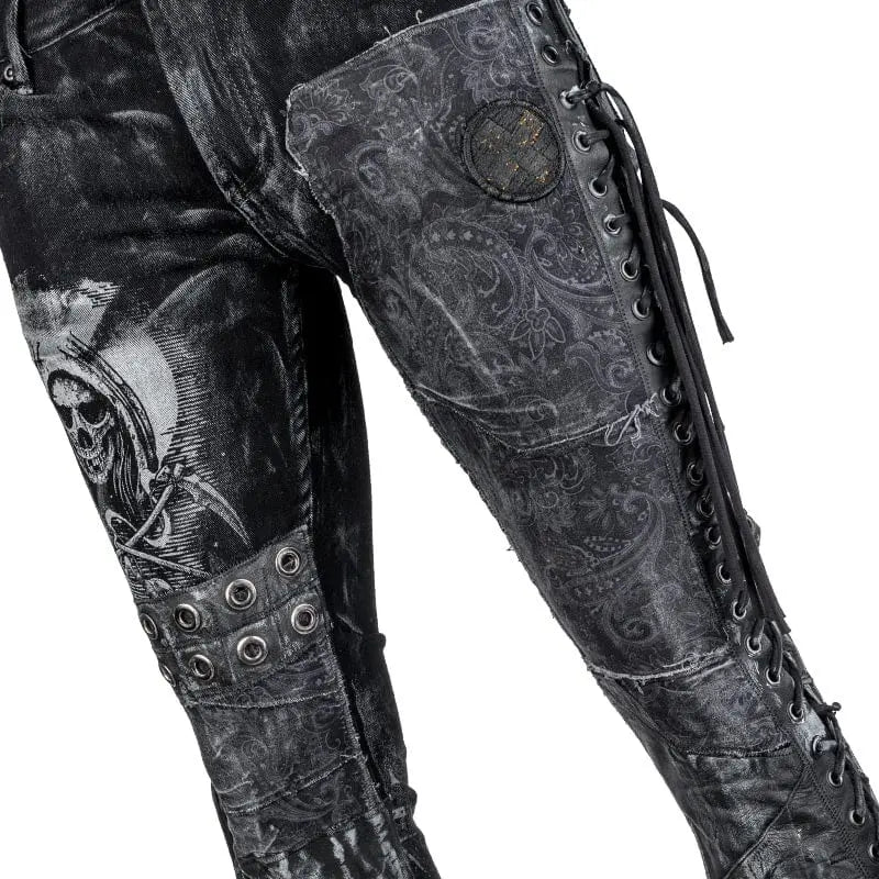 Wornstar Clothing mens custom pants. Handmade custom denim and leather rock pants. Rocker style black stretch denim custom made stage pants.