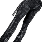 Wornstar Clothing mens custom pants. Handmade custom denim and leather rock pants. Rocker style black stretch denim custom made stage pants.
