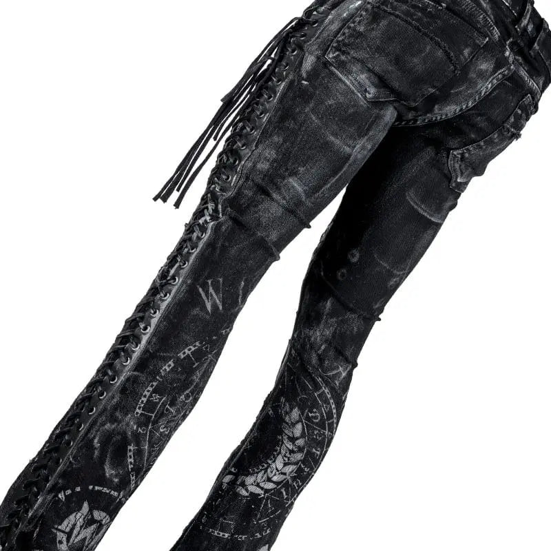 Wornstar Clothing mens custom pants. Handmade custom denim and leather rock pants. Rocker style black stretch denim custom made stage pants.