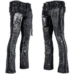 Wornstar Clothing mens custom pants. Handmade custom denim and leather rock pants. Rocker style black stretch denim custom made stage pants.