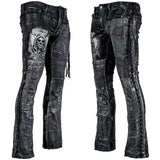Wornstar Clothing mens custom pants. Handmade custom denim and leather rock pants. Rocker style black stretch denim custom made stage pants.