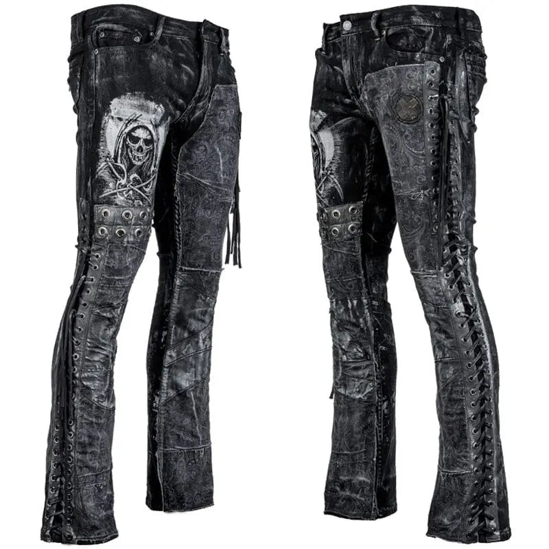 Wornstar Clothing mens custom pants. Handmade custom denim and leather rock pants. Rocker style black stretch denim custom made stage pants.