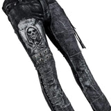 Wornstar Clothing mens custom pants. Handmade custom denim and leather rock pants. Rocker style black stretch denim custom made stage pants.
