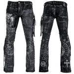 Wornstar Clothing mens custom pants. Handmade custom denim and leather rock pants. Rocker style black stretch denim custom made stage pants.