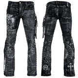 Wornstar Clothing mens custom pants. Handmade custom denim and leather rock pants. Rocker style black stretch denim custom made stage pants.