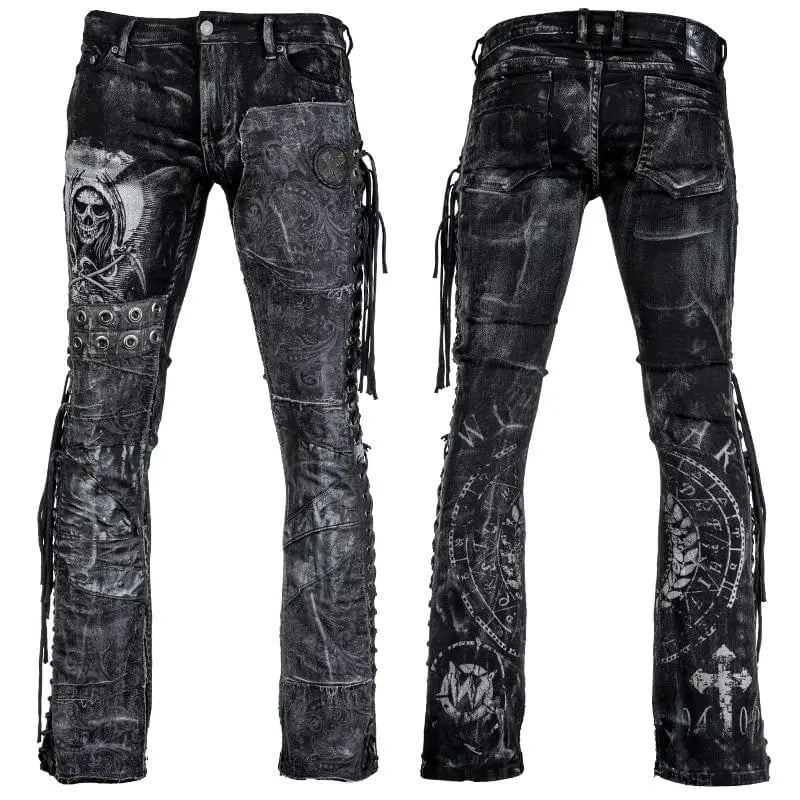 Wornstar Clothing mens custom pants. Handmade custom denim and leather rock pants. Rocker style black stretch denim custom made stage pants.