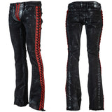 Wornstar Clothing mens custom pants. Handmade custom denim and leather rock pants. Rocker style black stretch denim custom made stage pants.