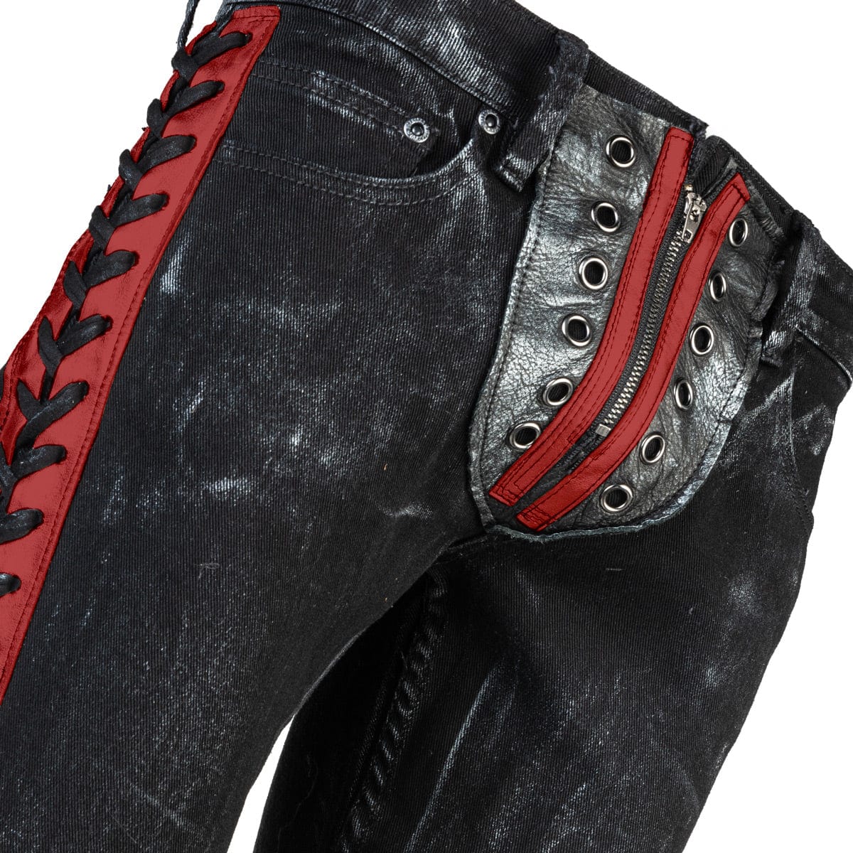 Wornstar Clothing mens custom pants. Handmade custom denim and leather rock pants. Rocker style black stretch denim custom made stage pants.