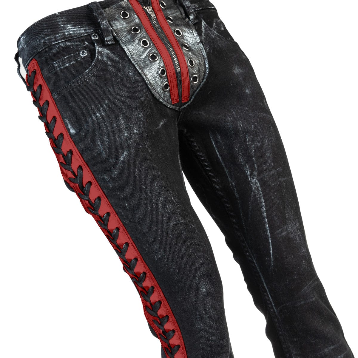 Wornstar Clothing mens custom pants. Handmade custom denim and leather rock pants. Rocker style black stretch denim custom made stage pants.