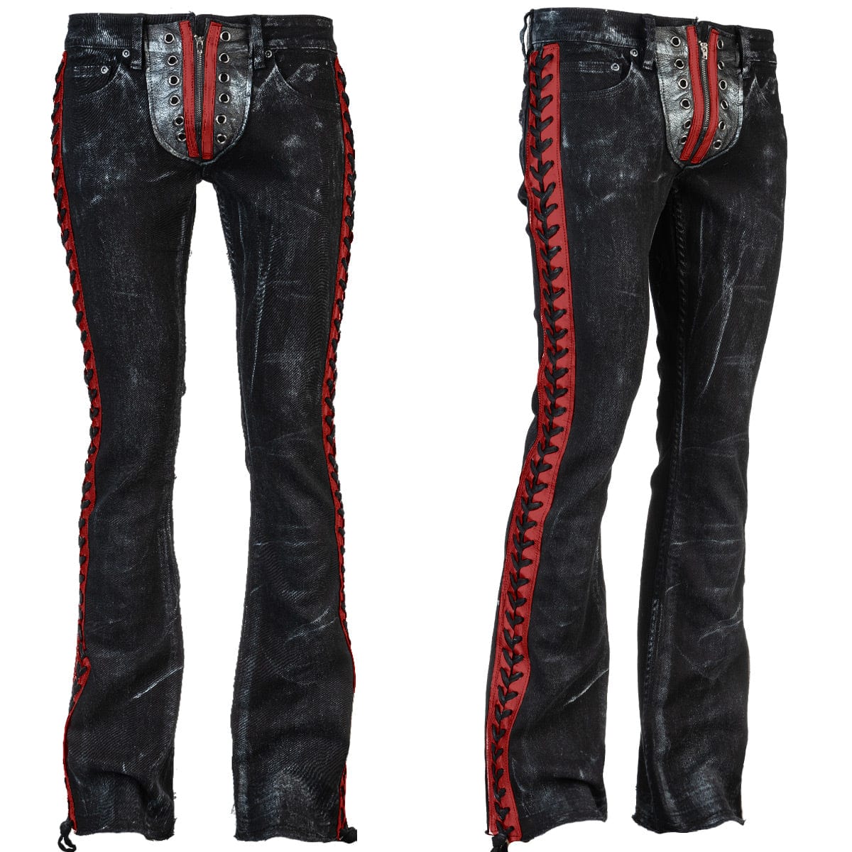 Wornstar Clothing mens custom pants. Handmade custom denim and leather rock pants. Rocker style black stretch denim custom made stage pants.