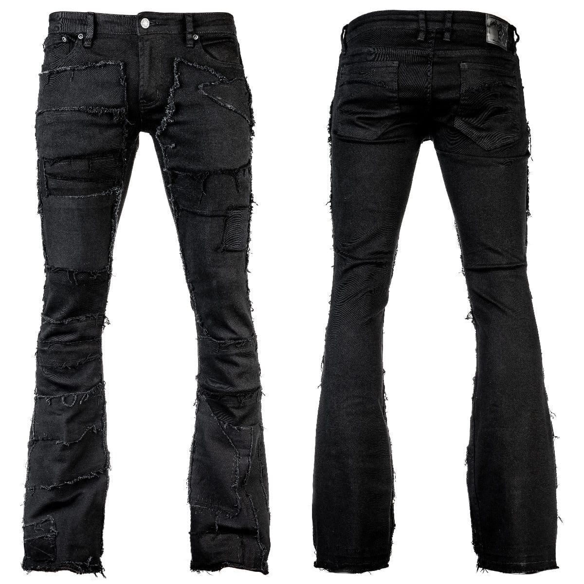 Wornstar Clothing mens custom pants. Handmade custom denim and leather rock pants. Rocker style black stretch denim custom made stage pants.