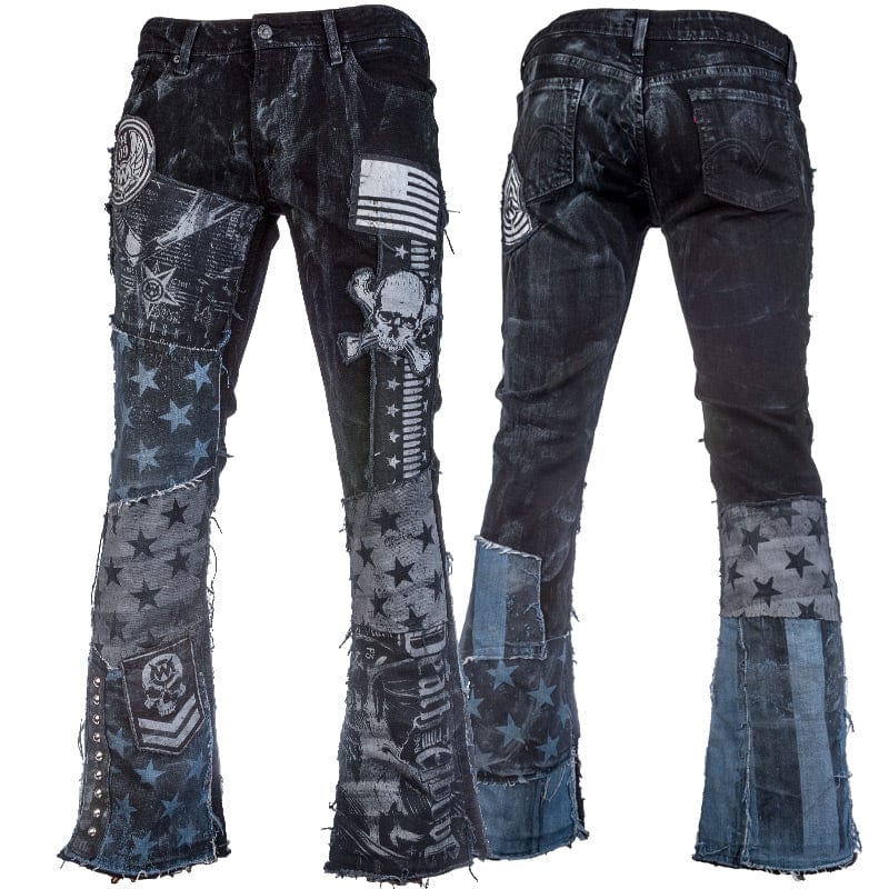 Wornstar Clothing mens custom pants. Handmade custom denim and leather rock pants. Rocker style black stretch denim custom made stage pants.