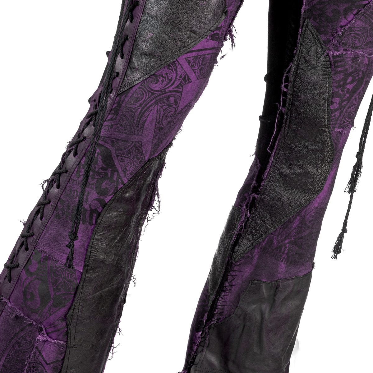 Wornstar Clothing mens custom pants. Handmade custom denim and leather rock pants. Rocker style black stretch denim custom made stage pants.