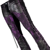 Wornstar Clothing mens custom pants. Handmade custom denim and leather rock pants. Rocker style black stretch denim custom made stage pants.