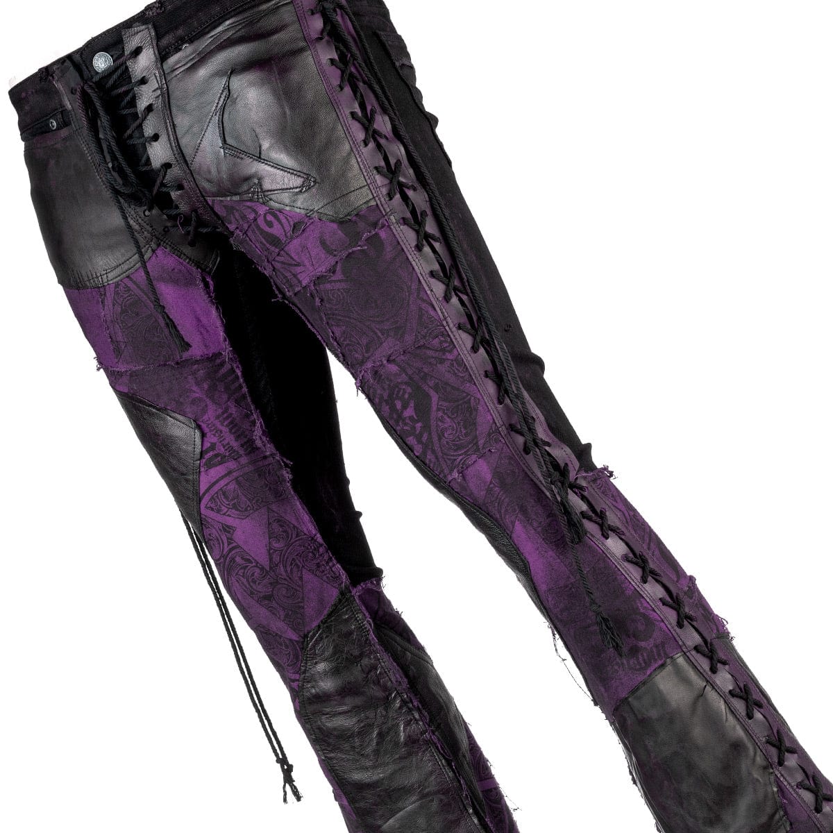 Wornstar Clothing mens custom pants. Handmade custom denim and leather rock pants. Rocker style black stretch denim custom made stage pants.