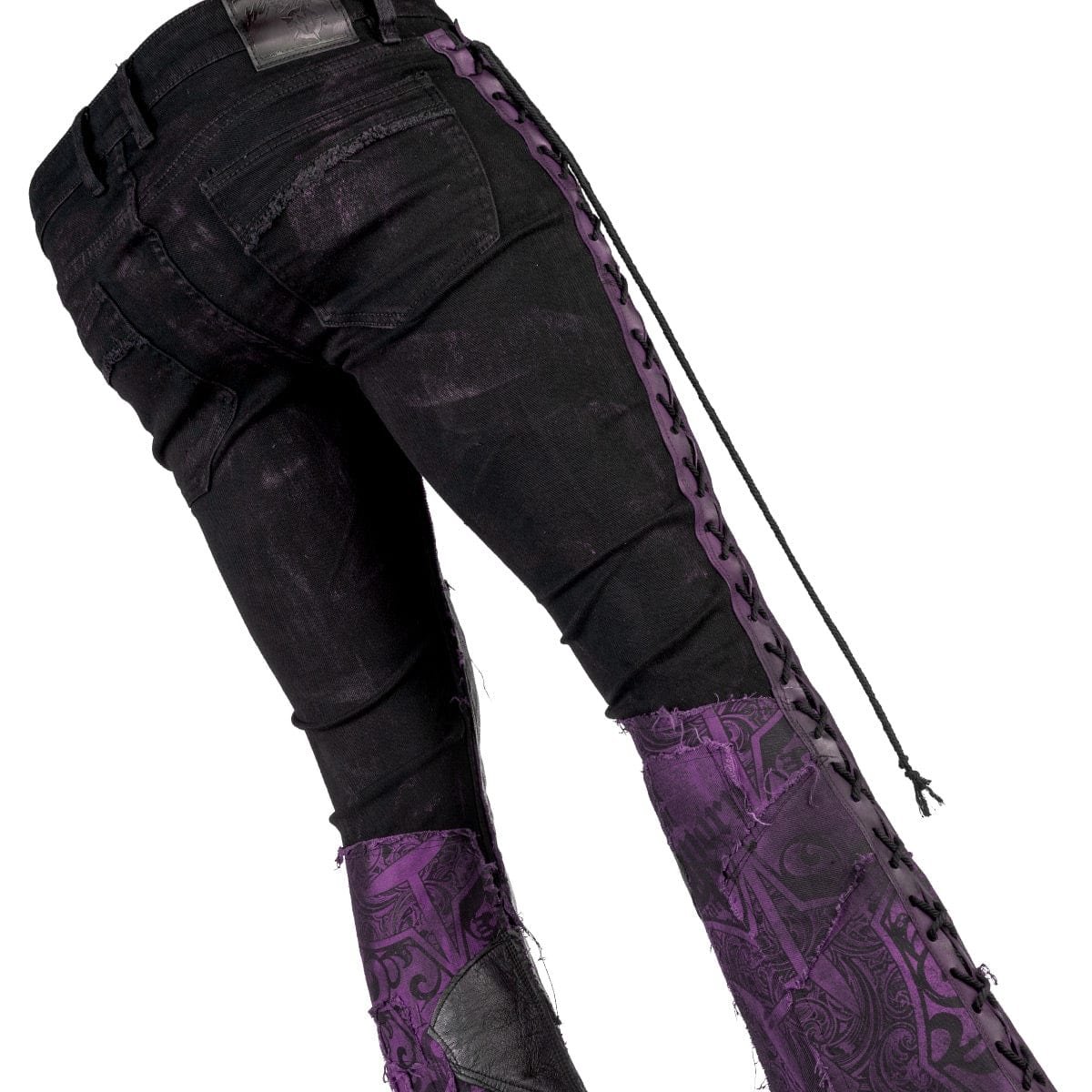 Wornstar Clothing mens custom pants. Handmade custom denim and leather rock pants. Rocker style black stretch denim custom made stage pants.