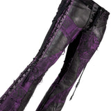 Wornstar Clothing mens custom pants. Handmade custom denim and leather rock pants. Rocker style black stretch denim custom made stage pants.