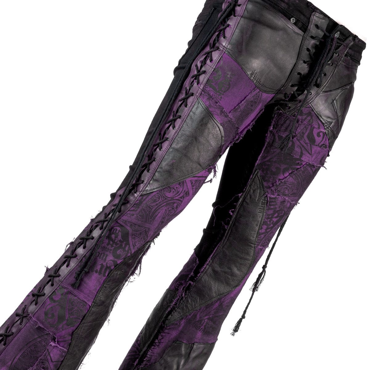 Wornstar Clothing mens custom pants. Handmade custom denim and leather rock pants. Rocker style black stretch denim custom made stage pants.