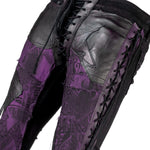 Wornstar Clothing mens custom pants. Handmade custom denim and leather rock pants. Rocker style black stretch denim custom made stage pants.
