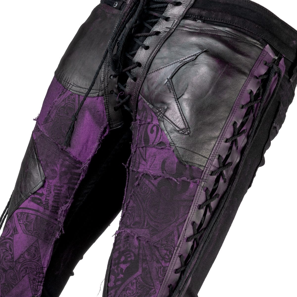 Wornstar Clothing mens custom pants. Handmade custom denim and leather rock pants. Rocker style black stretch denim custom made stage pants.