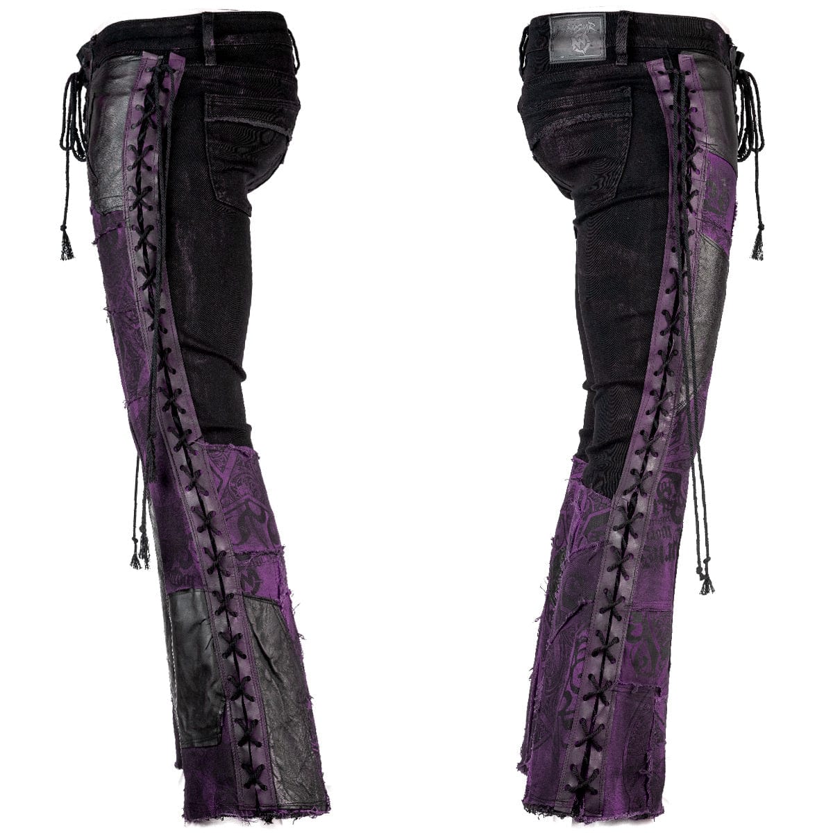 Wornstar Clothing mens custom pants. Handmade custom denim and leather rock pants. Rocker style black stretch denim custom made stage pants.