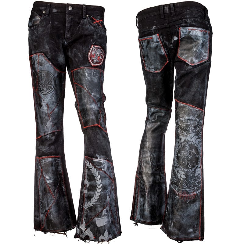 Wornstar Clothing mens custom pants. Handmade custom denim and leather rock pants. Rocker style black stretch denim custom made stage pants.