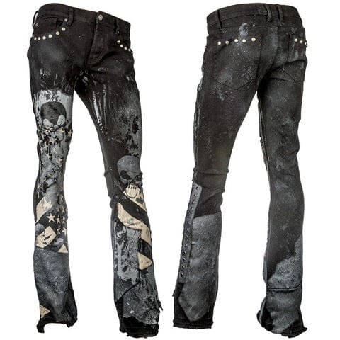 Wornstar Clothing mens custom pants. Handmade custom denim and leather rock pants. Rocker style black stretch denim custom made stage pants.