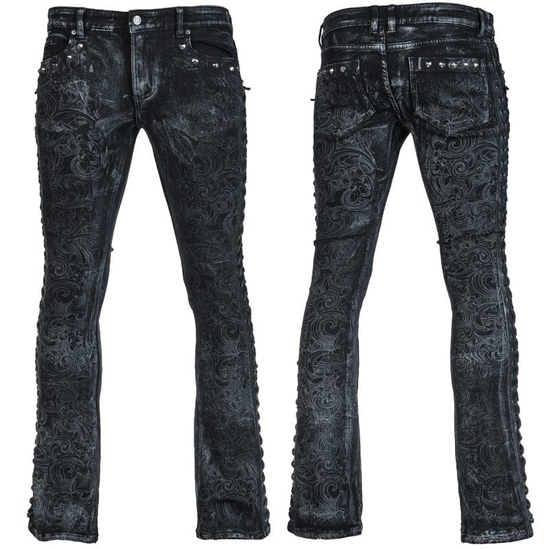 Wornstar Clothing mens custom pants. Handmade custom denim and leather rock pants. Rocker style black stretch denim custom made stage pants.