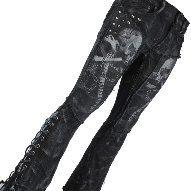 Wornstar Clothing mens custom pants. Handmade custom denim and leather rock pants. Rocker style black stretch denim custom made stage pants.