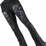 Wornstar Clothing mens custom pants. Handmade custom denim and leather rock pants. Rocker style black stretch denim custom made stage pants.