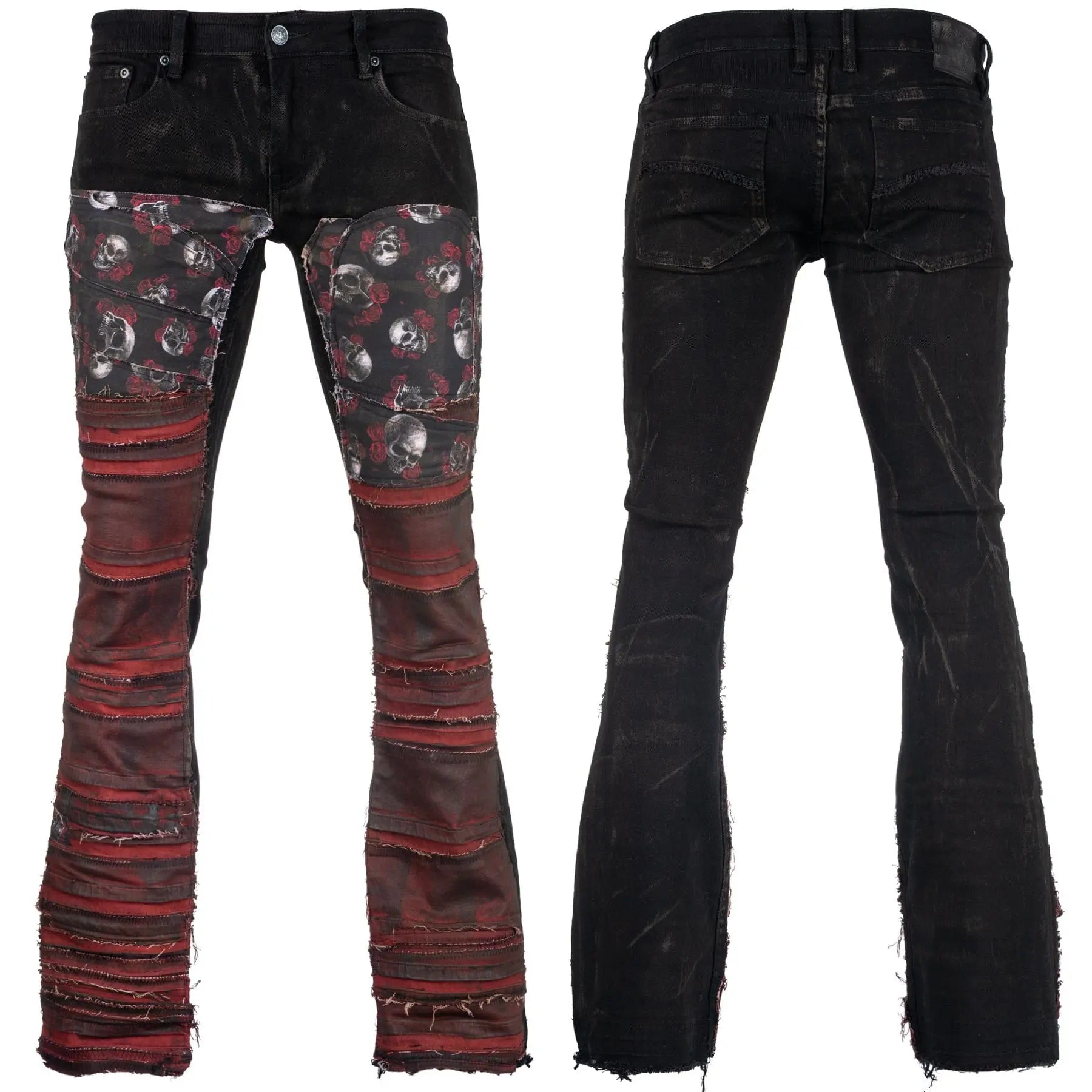Custom Chop Shop Pants Wornstar Custom Jeans - Skulls and Roses Patchwork - Ready to Ship - Size 34x34