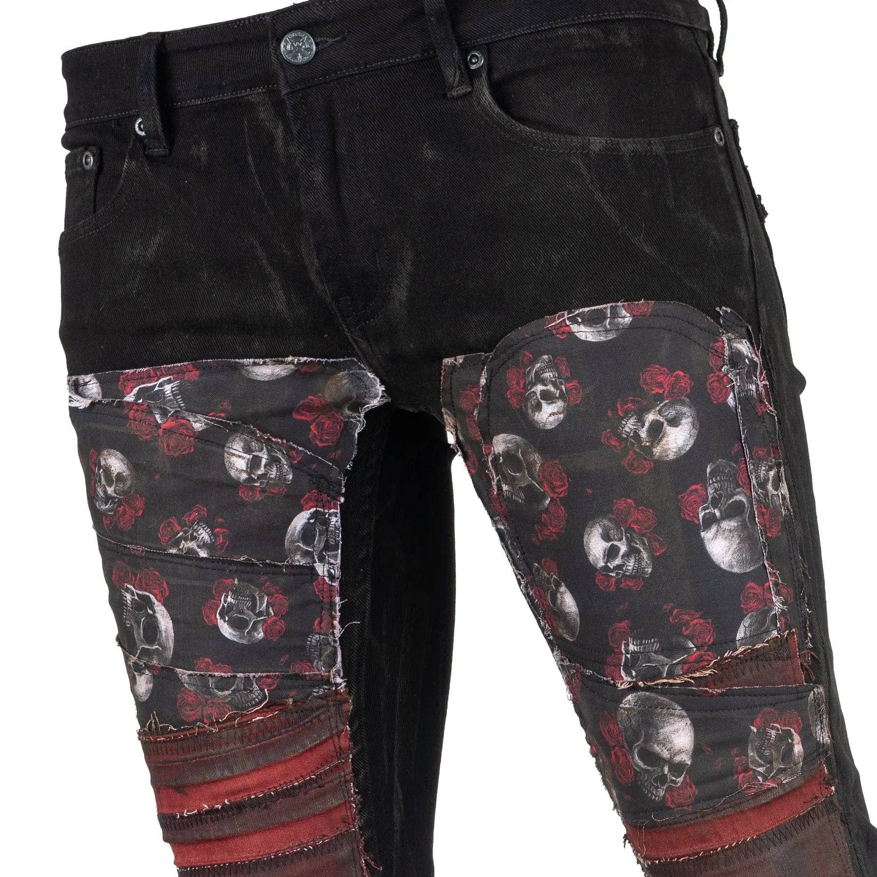 Custom Chop Shop Pants Wornstar Custom Jeans - Skulls and Roses Patchwork - Ready to Ship - Size 34x34