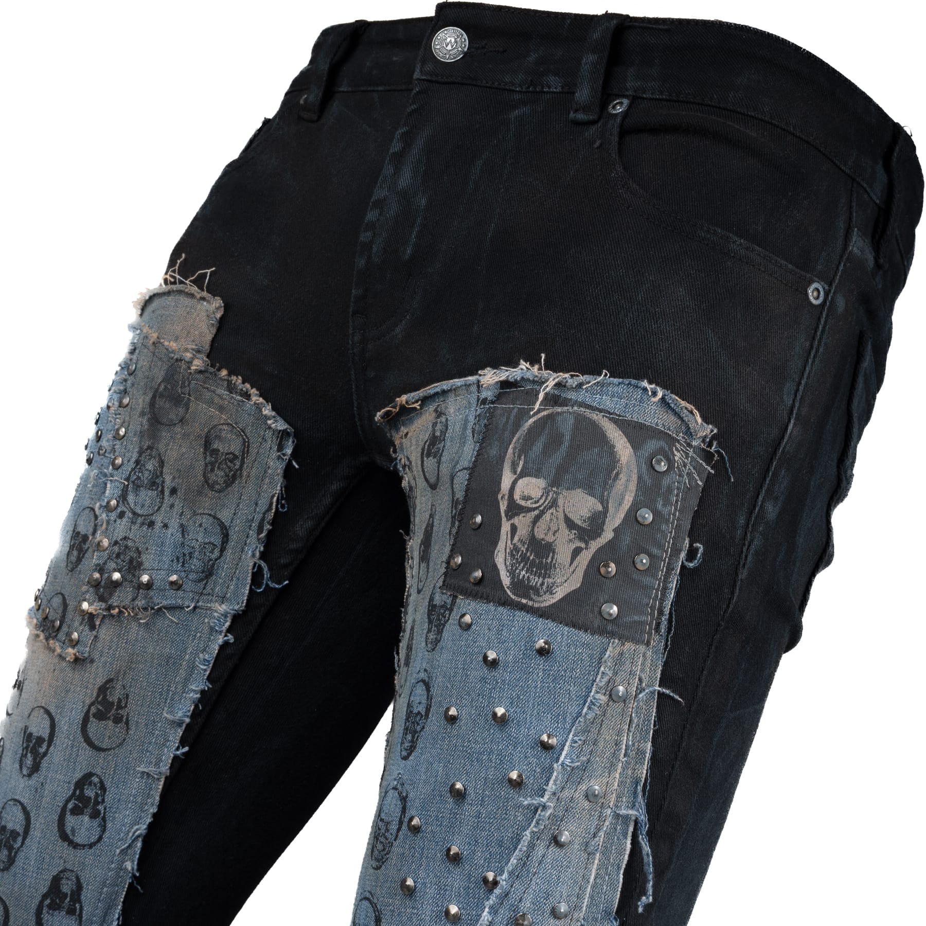 Custom Chop Shop Pants Wornstar Custom Jeans - Skully Blue Denim Patchwork - Ready to Ship