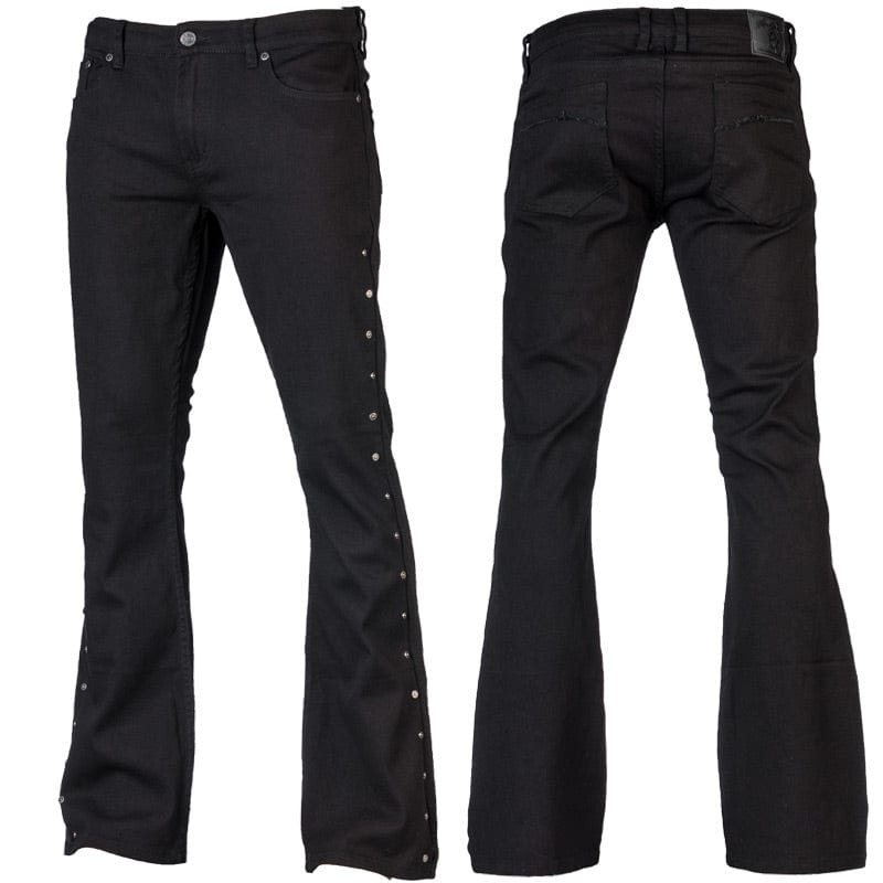 Wornstar Clothing mens custom pants. Handmade custom denim and leather rock pants. Rocker style black stretch denim custom made stage pants.