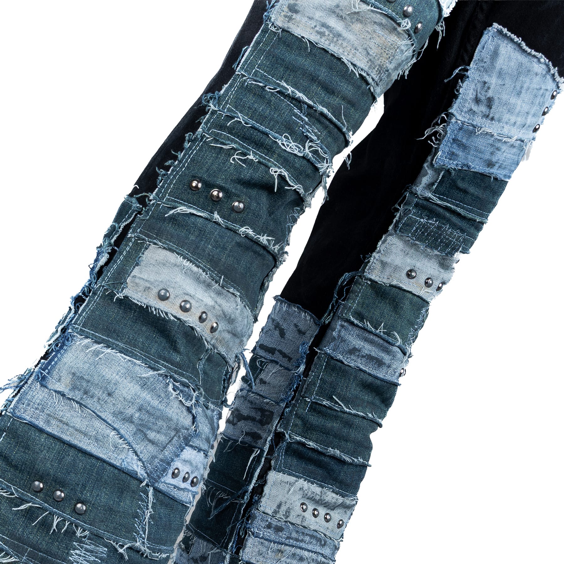 Custom Chop Shop Pants Wornstar Custom Jeans - Studded Blue Denim Patchwork- Ready to Ship - Size 38x31