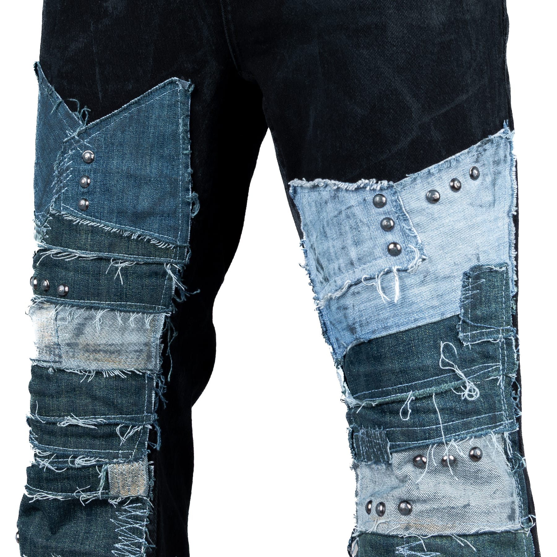 Custom Chop Shop Pants Wornstar Custom Jeans - Studded Blue Denim Patchwork- Ready to Ship - Size 38x31