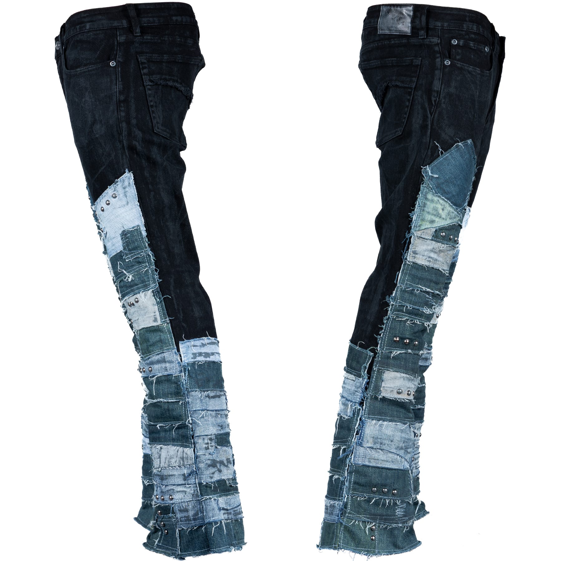Custom Chop Shop Pants Wornstar Custom Jeans - Studded Blue Denim Patchwork- Ready to Ship - Size 38x31