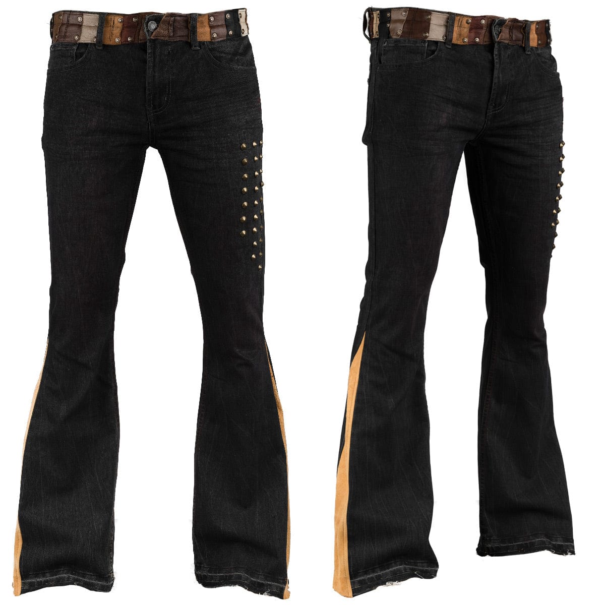 Wornstar Clothing mens custom pants. Handmade custom denim and leather rock pants. Rocker style black stretch denim custom made stage pants.