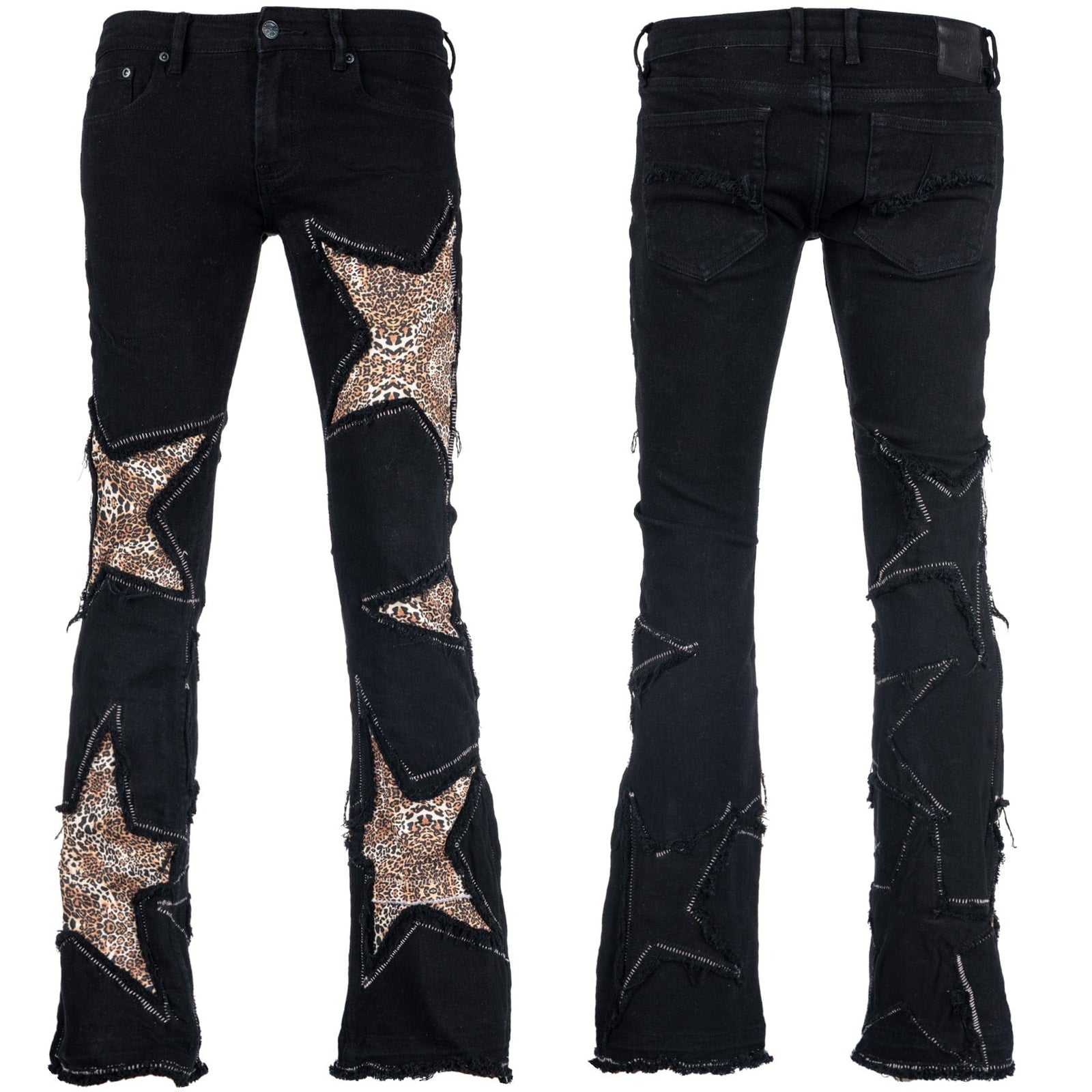 Custom Chop Shop Pants Wornstar Custom Jeans - Super Cluster Leopard Star Patchwork - Ready to Ship - Size 32x34