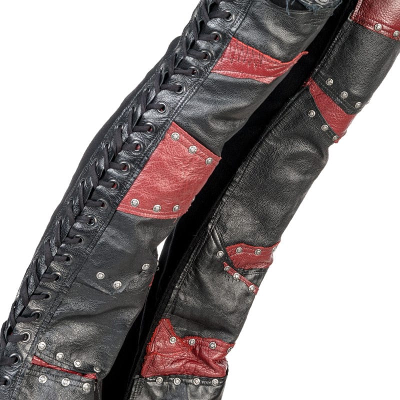 Wornstar Clothing mens custom pants. Handmade custom denim and leather rock pants. Rocker style black stretch denim custom made stage pants.