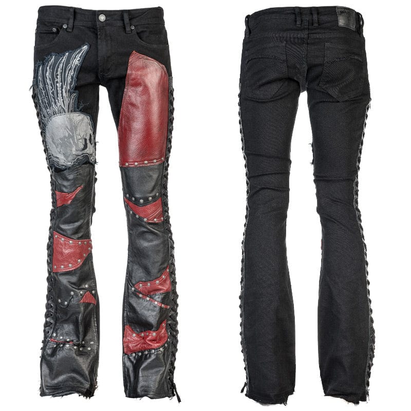 Wornstar Clothing mens custom pants. Handmade custom denim and leather rock pants. Rocker style black stretch denim custom made stage pants.