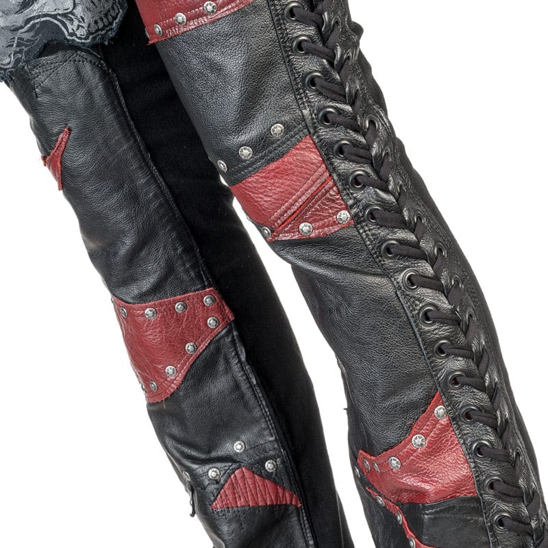 Wornstar Clothing mens custom pants. Handmade custom denim and leather rock pants. Rocker style black stretch denim custom made stage pants.