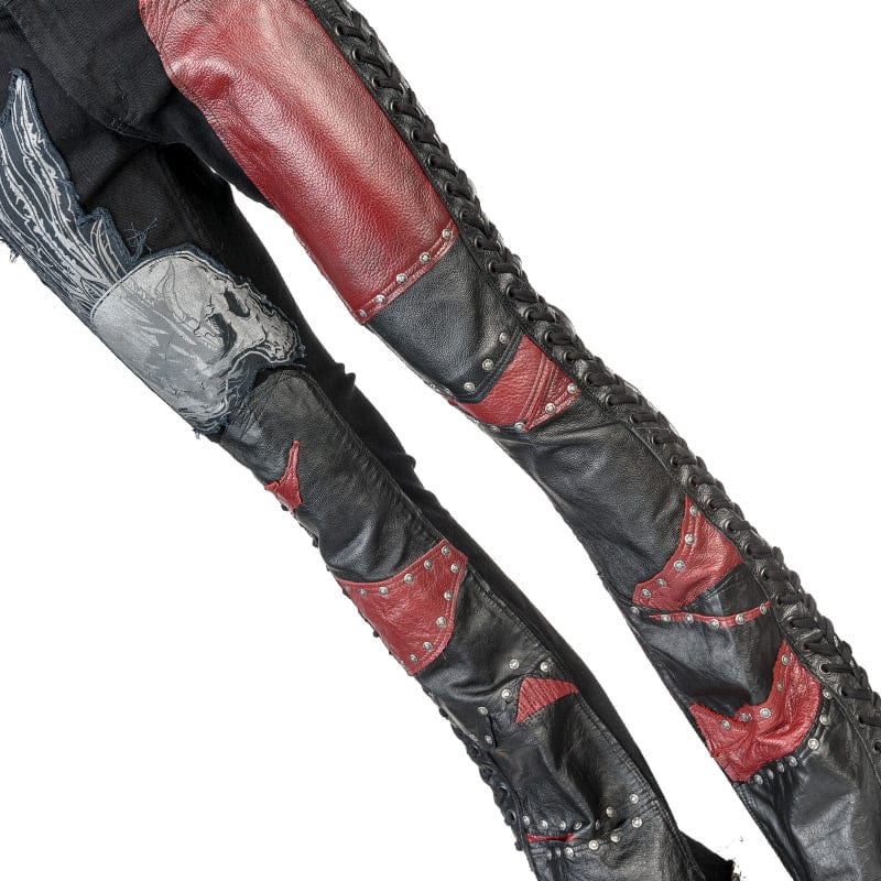 Wornstar Clothing mens custom pants. Handmade custom denim and leather rock pants. Rocker style black stretch denim custom made stage pants.