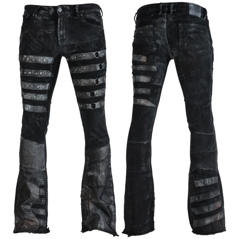 Wornstar Clothing mens custom pants. Handmade custom denim and leather rock pants. Rocker style black stretch denim custom made stage pants.