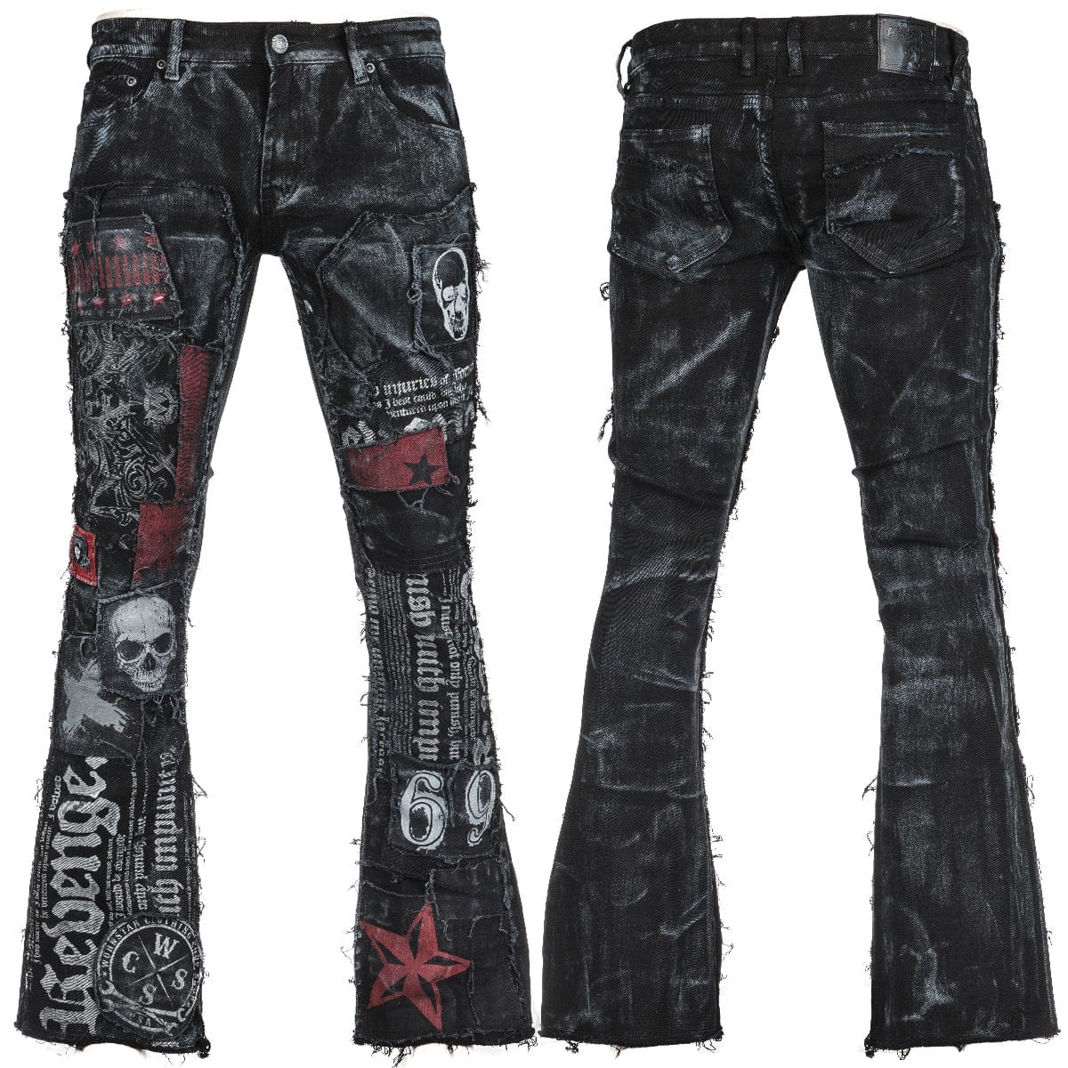 Wornstar Clothing mens custom pants. Handmade custom denim and leather rock pants. Rocker style black stretch denim custom made stage pants.