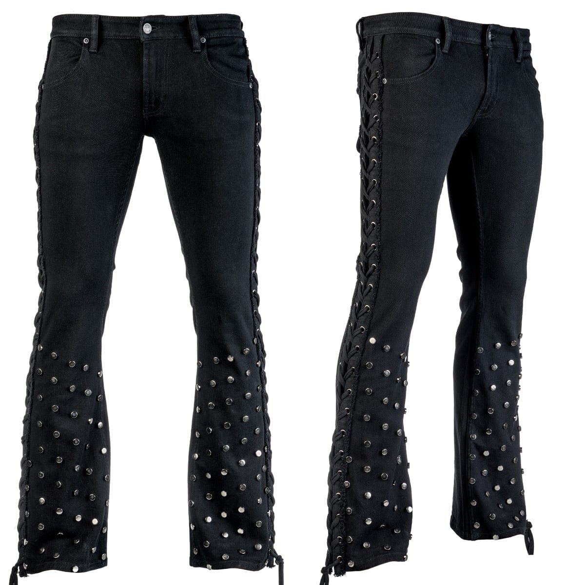 Wornstar Clothing mens custom pants. Handmade custom denim and leather rock pants. Rocker style black stretch denim custom made stage pants.